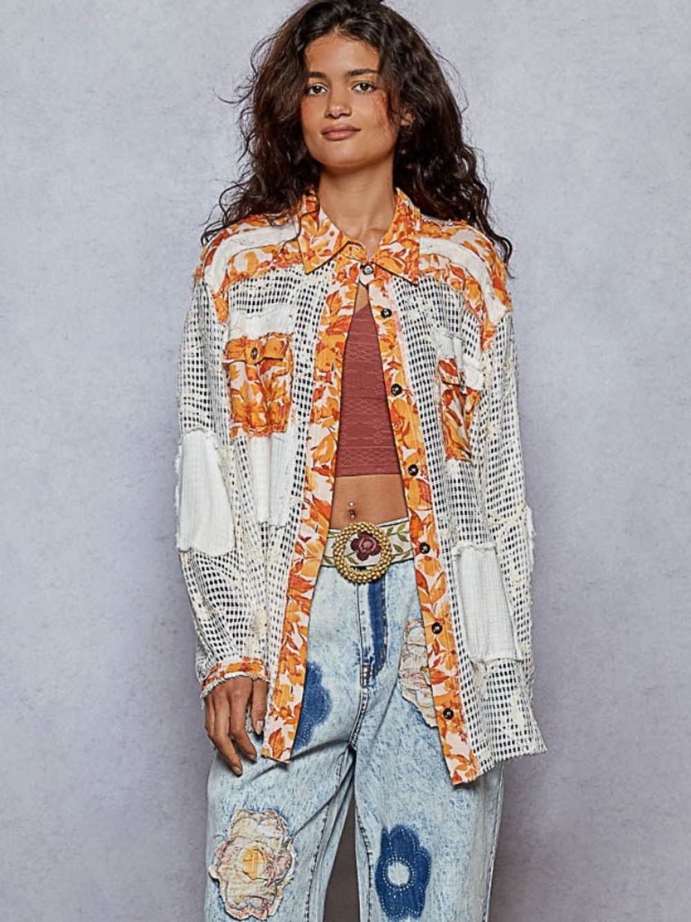 POL Patchwork Crochet Lace Button Down Shirt Jacket Boho Oversized